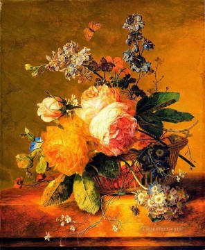 古典的な花 Painting - 大理石の棚の上のバスケットの花 ヤン・ファン・ホイスムの古典的な花